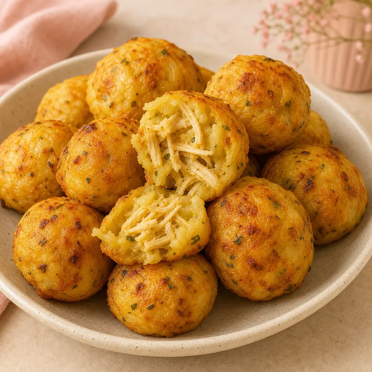Bolinha de Frango com batatas e queijo