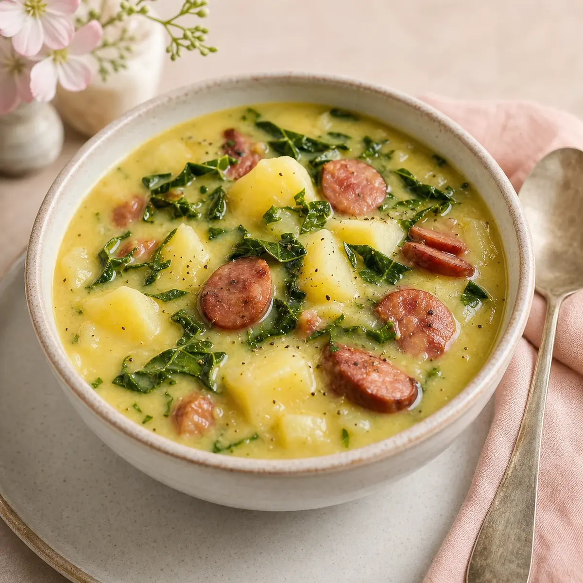 Caldo de batatas com Calabresa e Couve