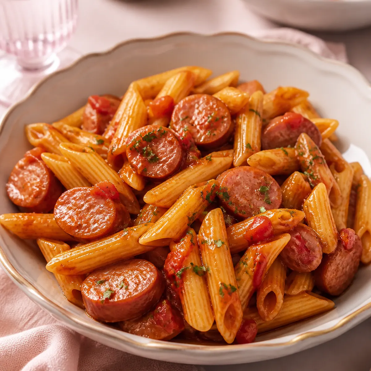 Macarrão com calabresa e molho caseiro