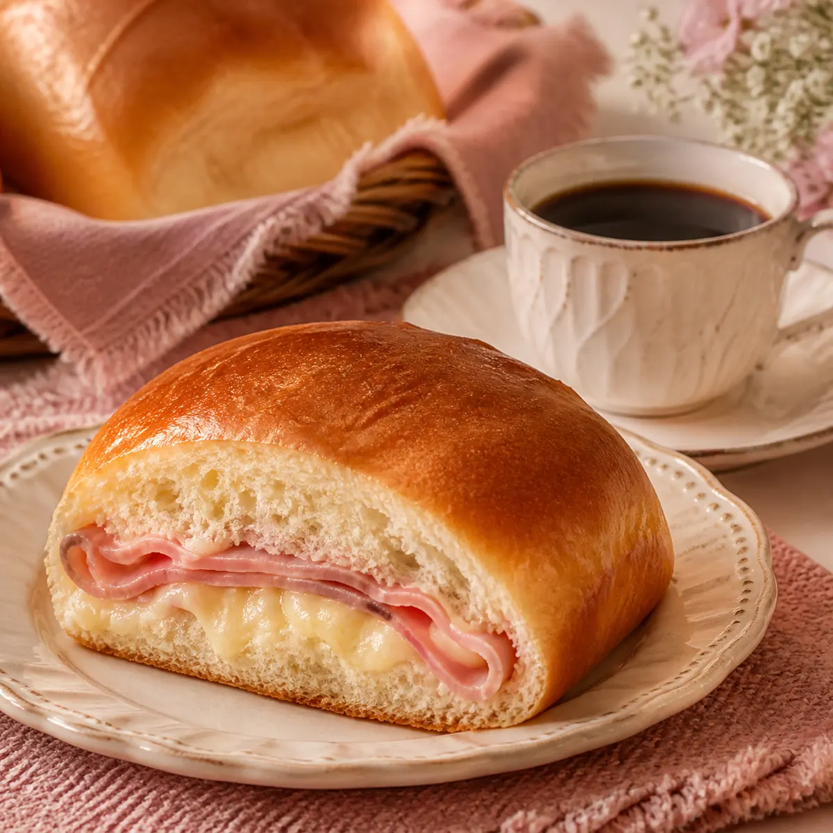 Pão Caseiro sem Leite. Recheado com Presunto e Queijo