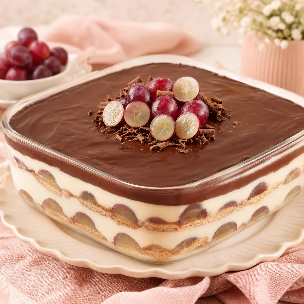 Pavê de Uva, creme branco e ganache de chocolate
