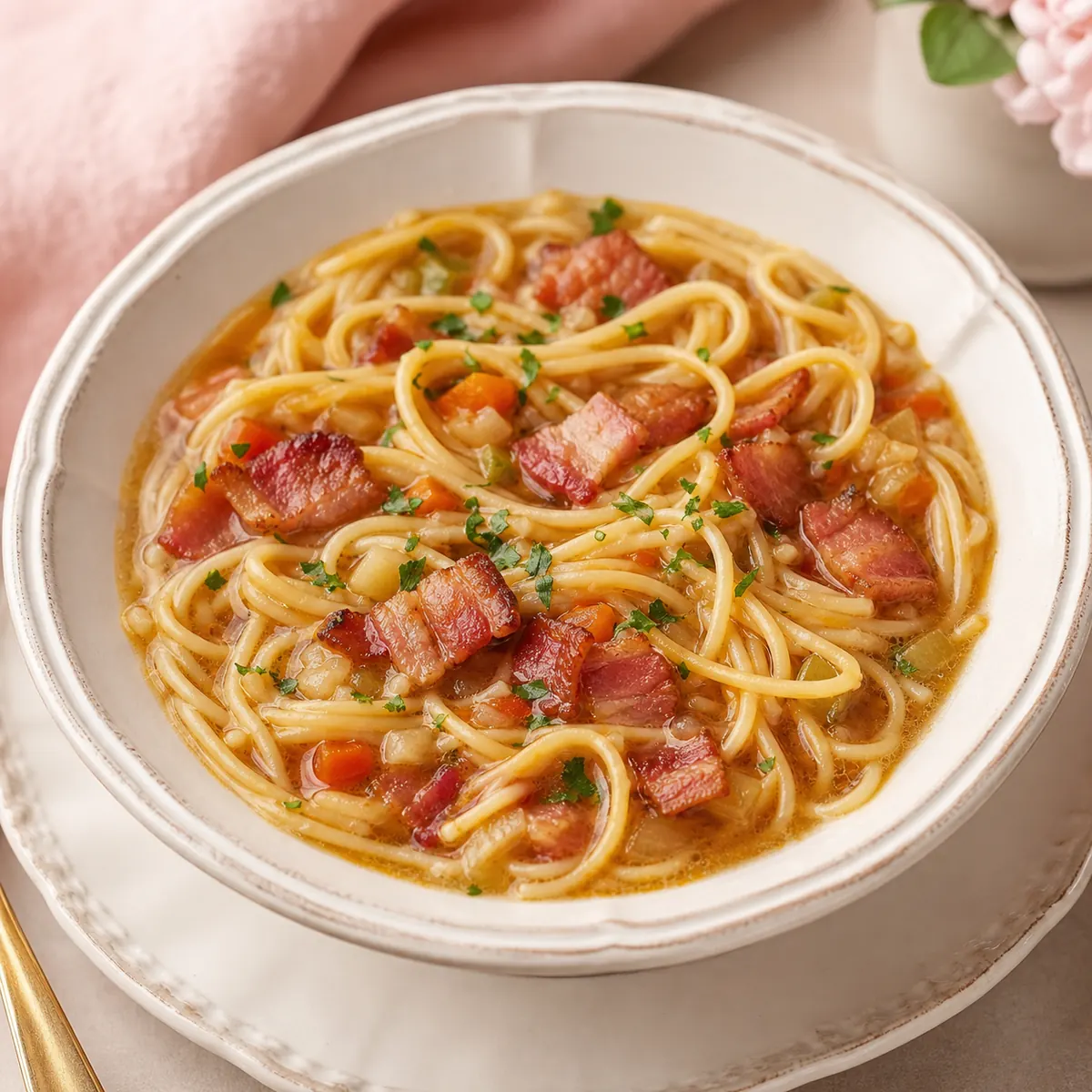 Sopa saborosa de macarrão com bacon